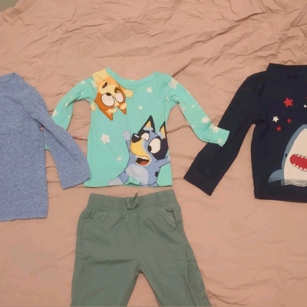 toddler bundle of three shirts and one pair of pants, Bluey, Shark, assorted  2T